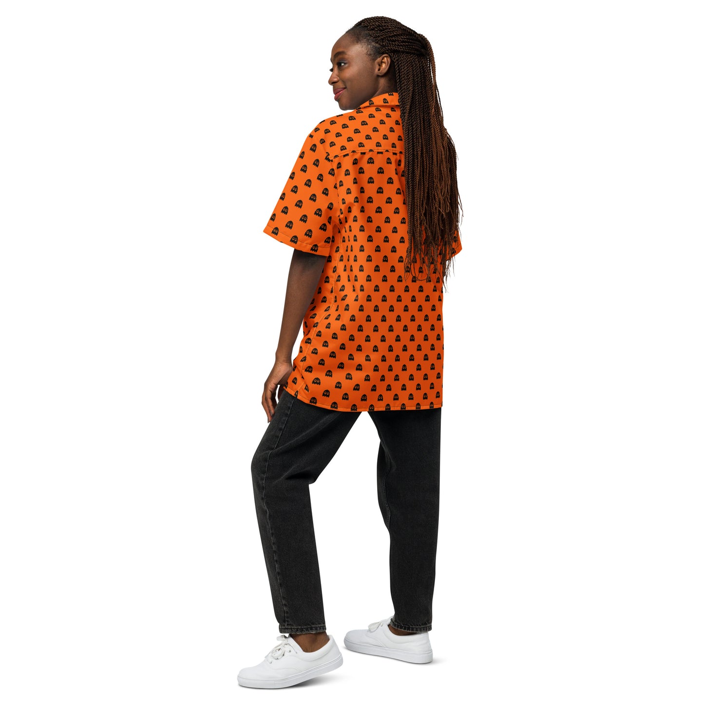 Halloween Pixel Ghosts Unisex Button Shirt - Orange