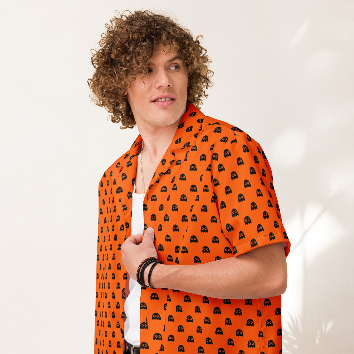 Halloween Pixel Ghosts Unisex Button Shirt - Orange